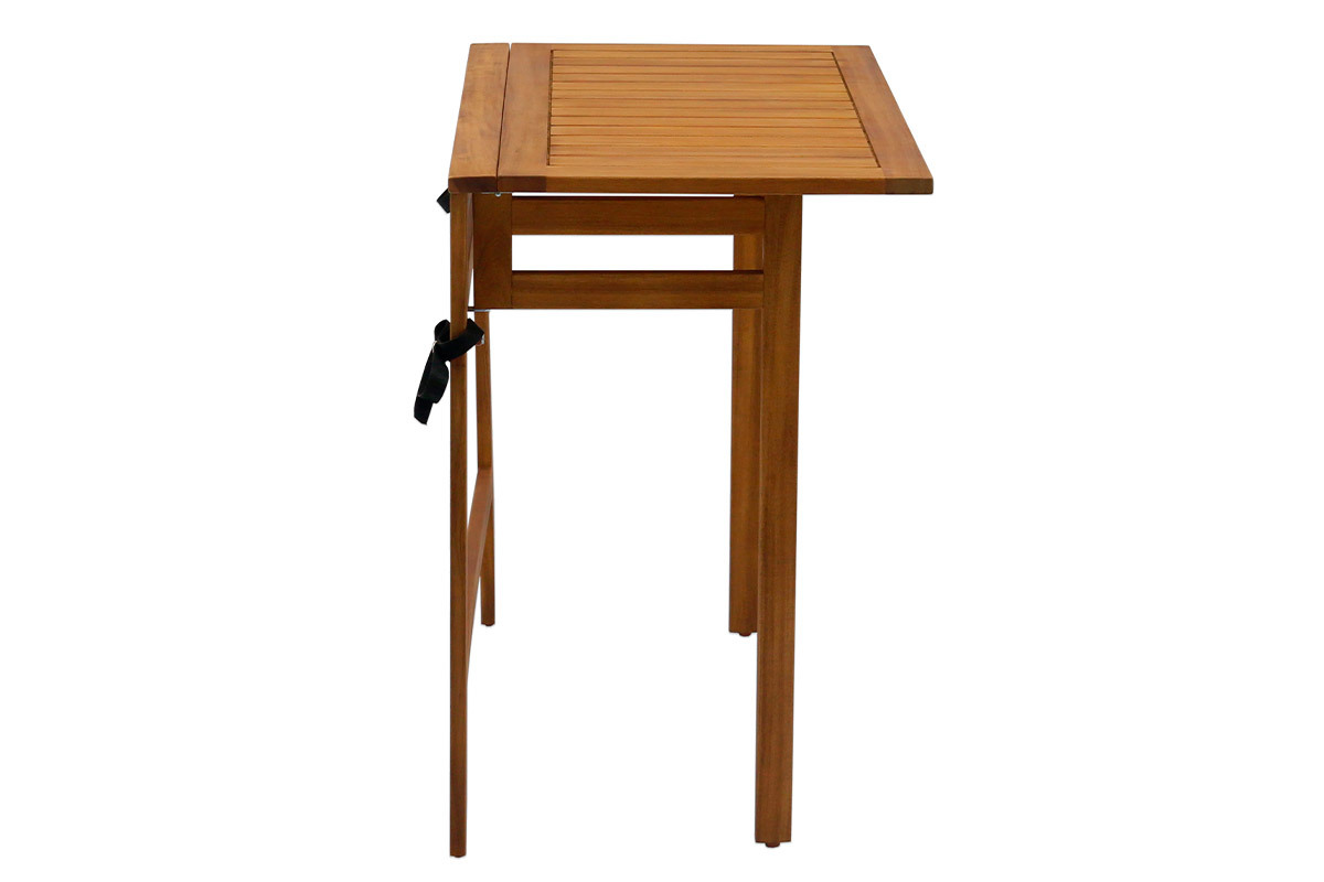 Table de balcon pliante en bois massif, vue de profil, avec plateau rabattable.