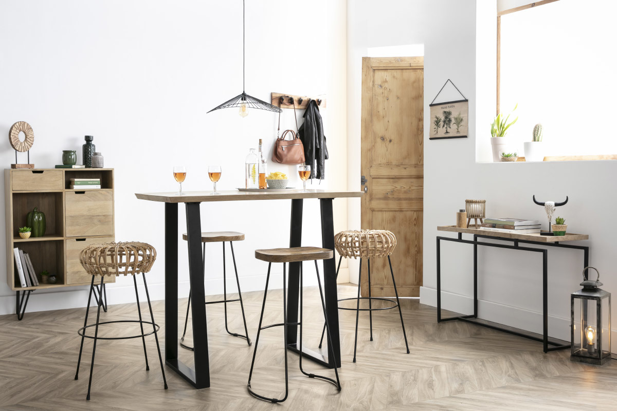 Table de bar en bois manguier massif et m�tal noir L120 cm VIJAY