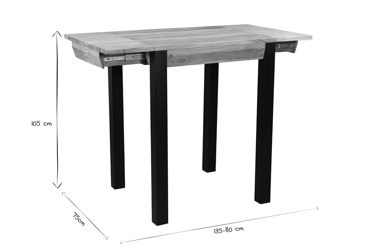 Dimensions de la table de bar extensible TRAP : hauteur 105 cm, largeur 135-80 cm, profondeur 75 cm en noir et blanc.