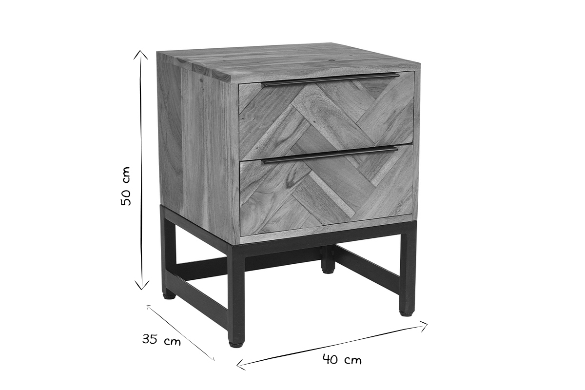Table de chevet avec rangements 2 tiroirs � motifs chevrons en bois massif et m�tal noir STICK