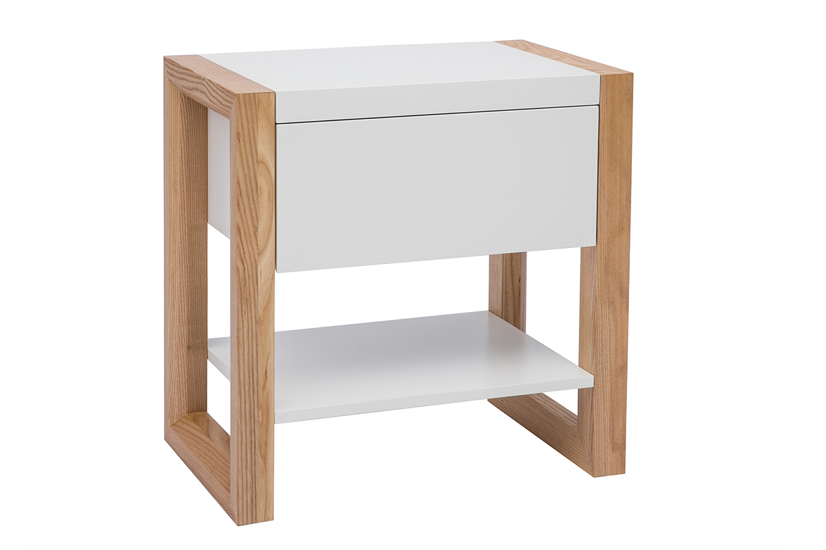 Table de chevet blanc et bois clair fr�ne massif ARMEL