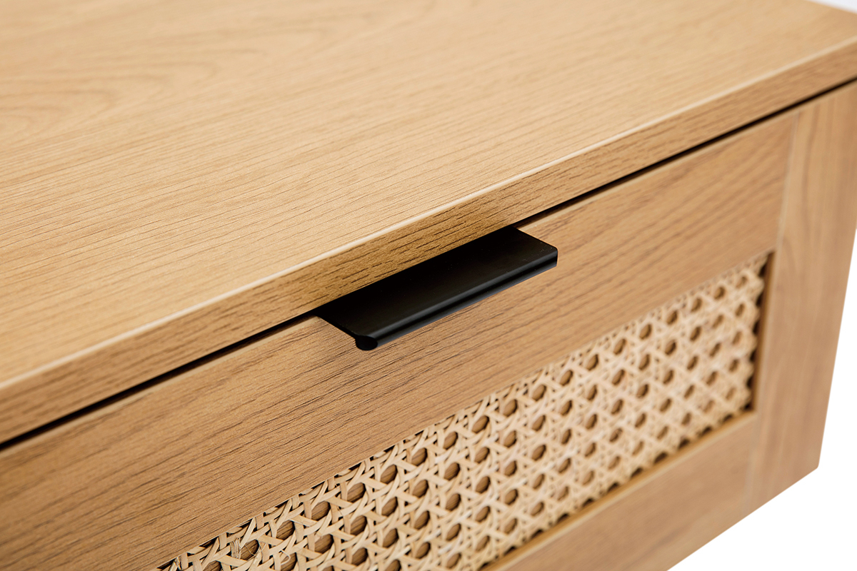Table de chevet finition bois clair, cannage rotin et m�tal noir MANILLE
