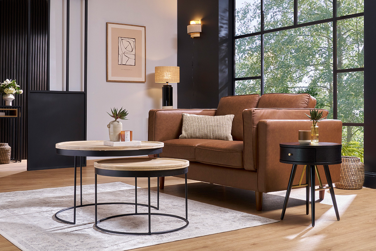 Table de chevet ronde avec tiroir bois et m�tal noir KORAL