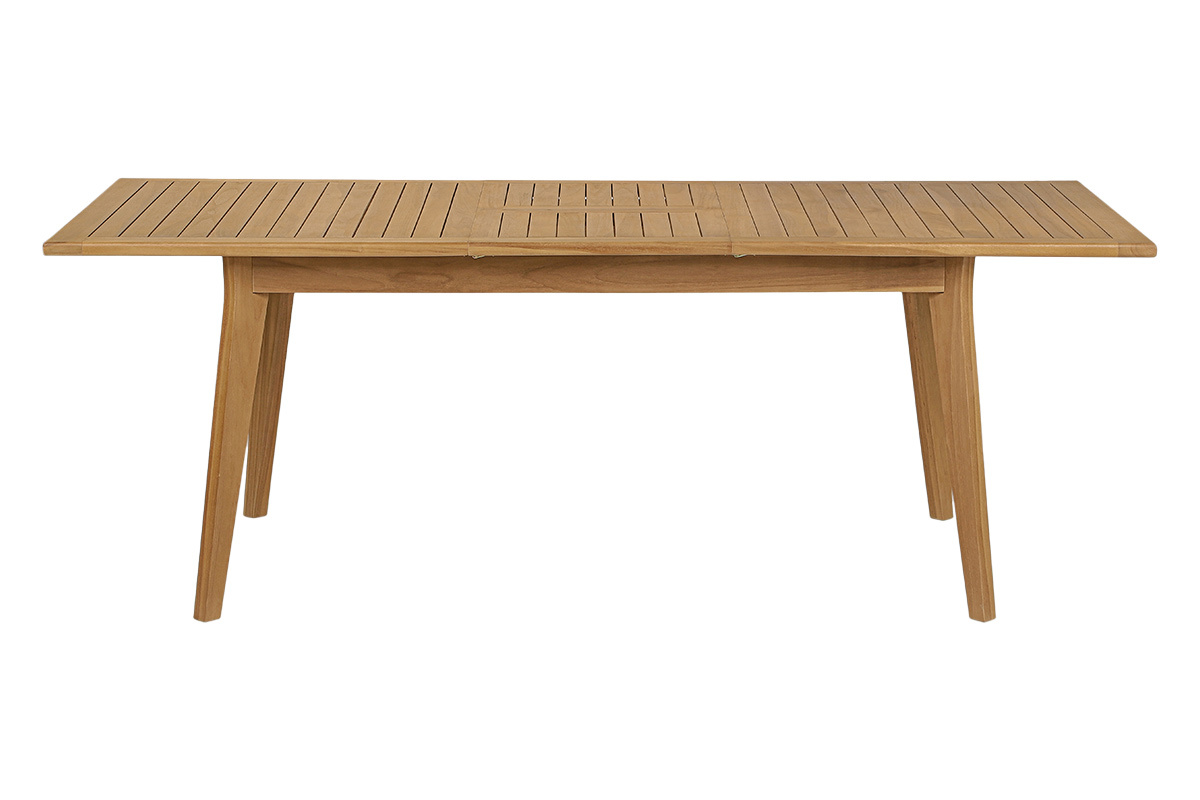 Table de jardin extensible en bois teck massif, vue de face, dimensions L160-210 x P90 x H75 cm.