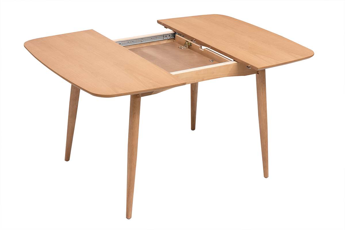 Table extensible carr�e en bois clair ch�ne avec rallonges int�gr�es, vue de dessus ouverte