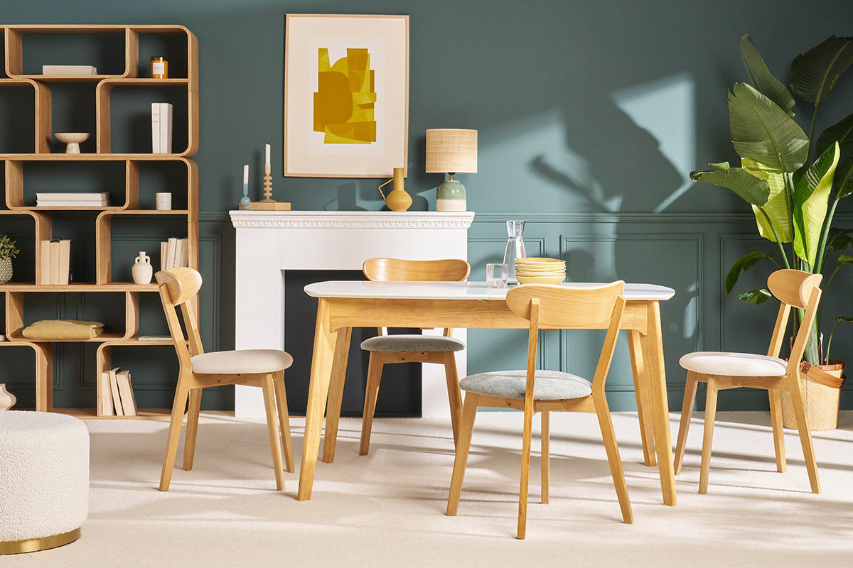 Table extensible rallonges int�gr�es rectangulaire blanc et bois L140-180 cm MEENA