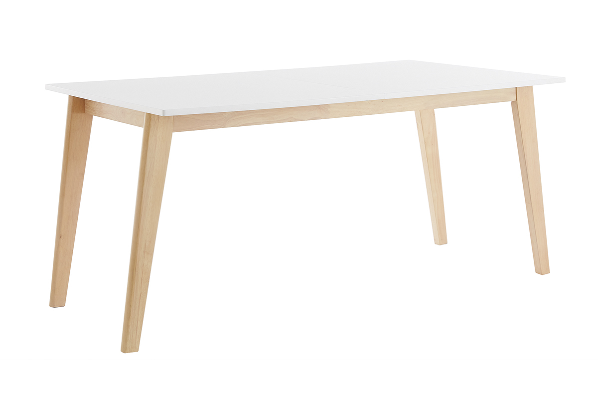 Table extensible rectangulaire blanche avec pi�tement en bois clair, vue de trois-quarts