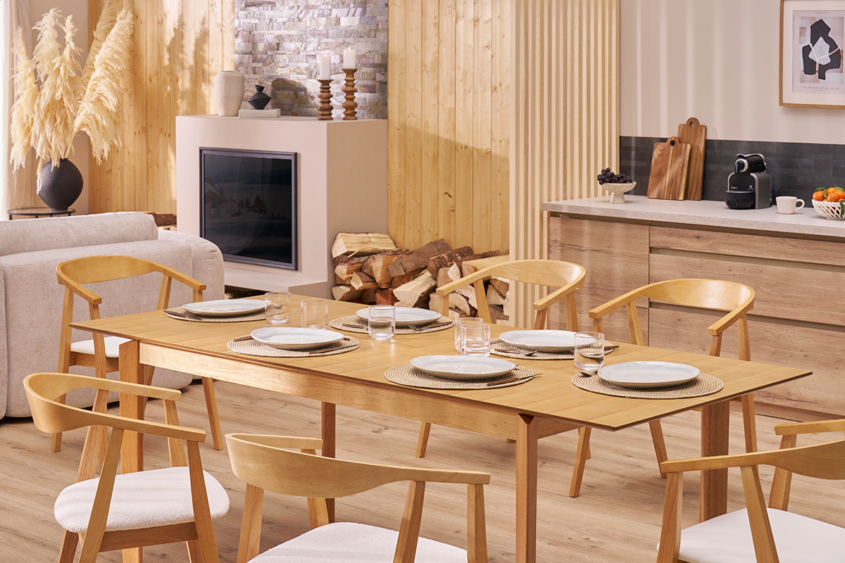 Table extensible rallonges int�gr�es rectangulaire en bois clair fr�ne L160-210 cm BONAVISTA