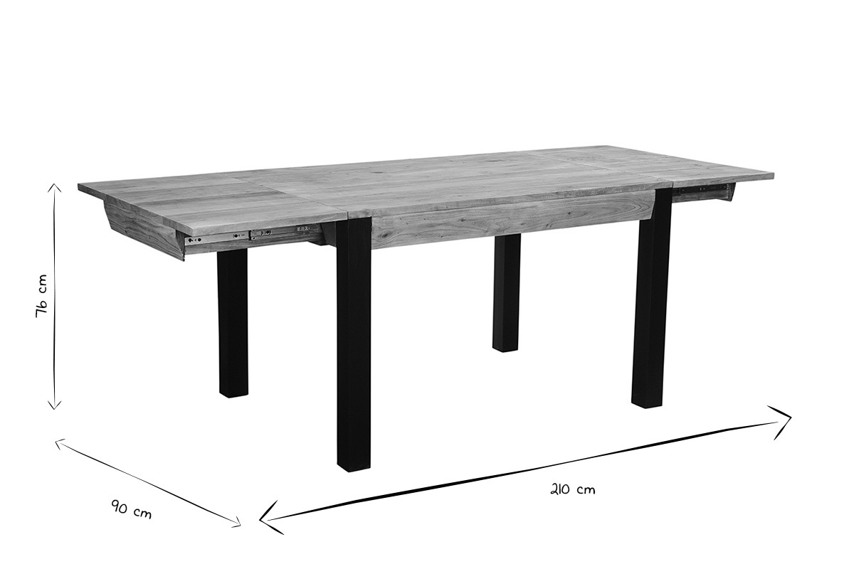 Table extensible rallonges int�gr�es rectangulaire en bois massif et m�tal noir L120-210 cm TRAP
