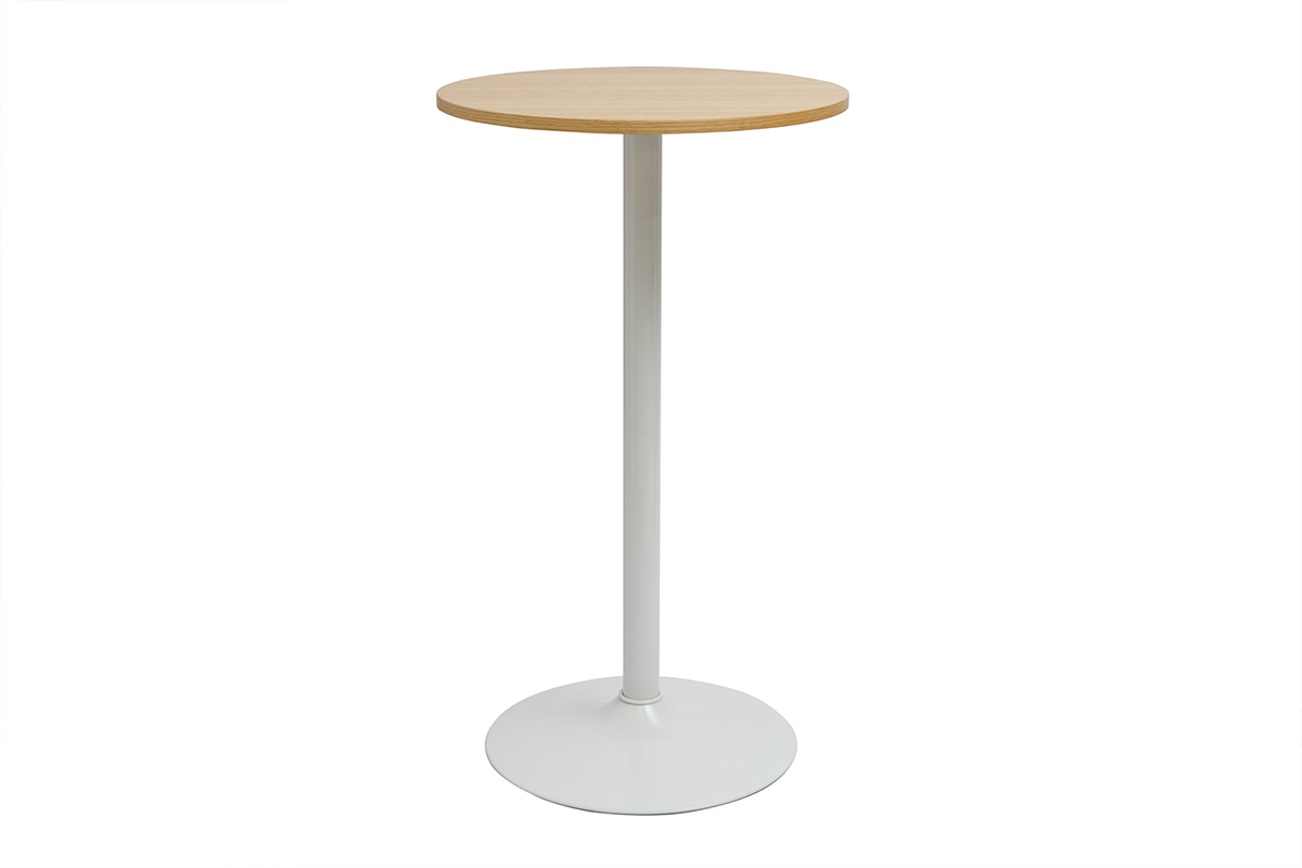Table haute design ronde en bois clair ch�ne et m�tal blanc D60 cm CALISTA