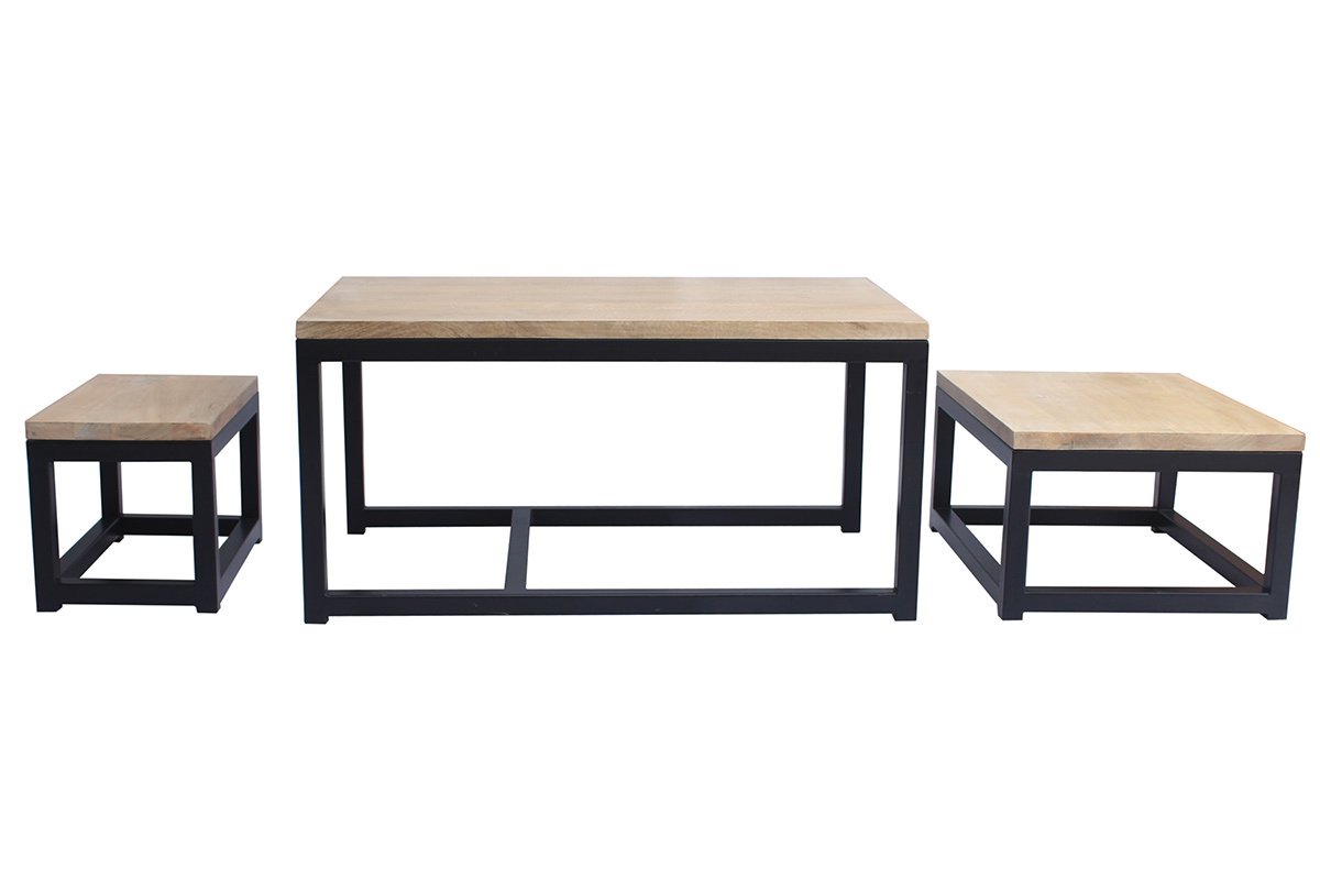 Tables basses gigognes bois manguier massif et m�tal noir (lot de 3) FACTORY