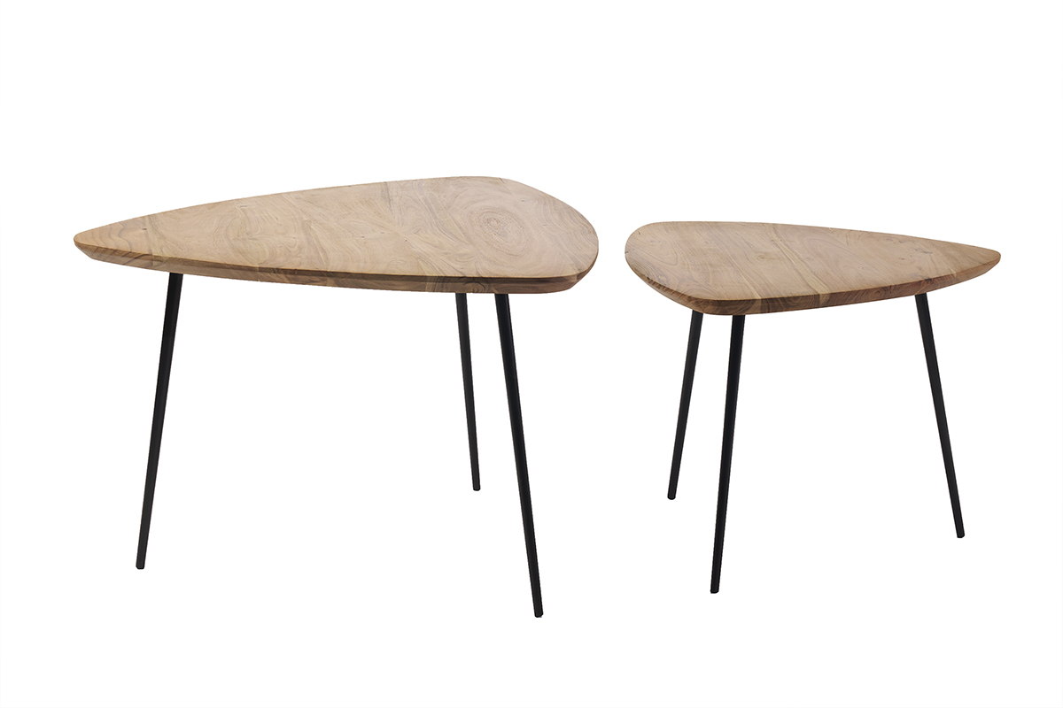 Tables basses gigognes bois massif et m�tal noir (lot de 2) STONES