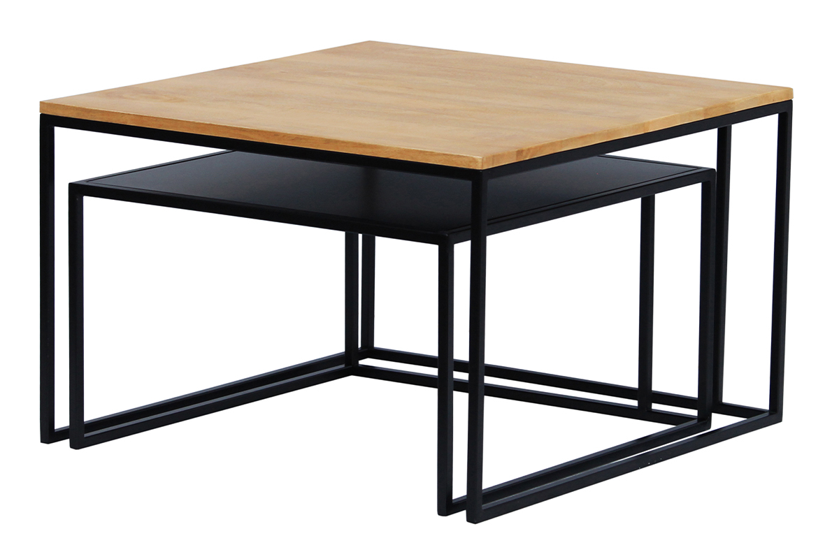 Tables basses gigognes carr�es bois manguier massif et m�tal noir (lot de 2) TAHL