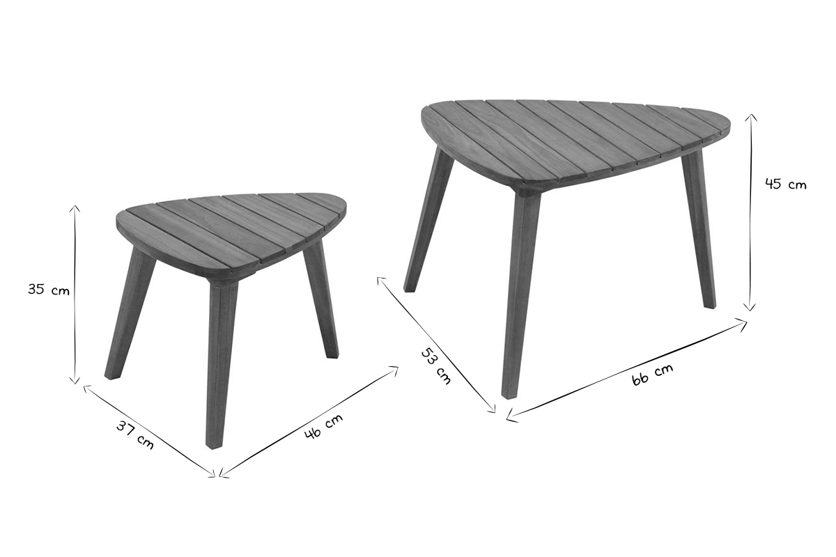 Dimensions des tables basses gigognes en bois massif ELQUI en noir et blanc, 66x53x45 cm et 46x37x35 cm.