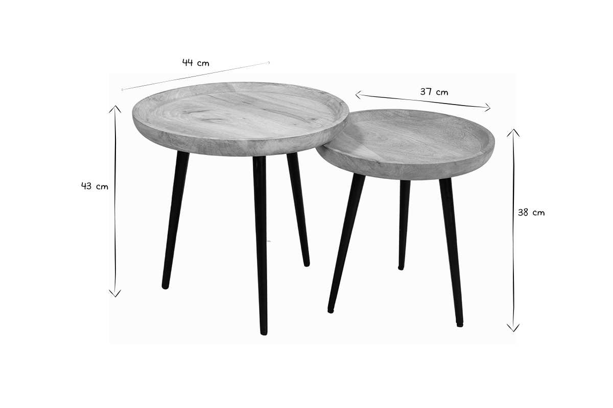 Dimensions des tables basses gigognes rondes en bois et m�tal noir.