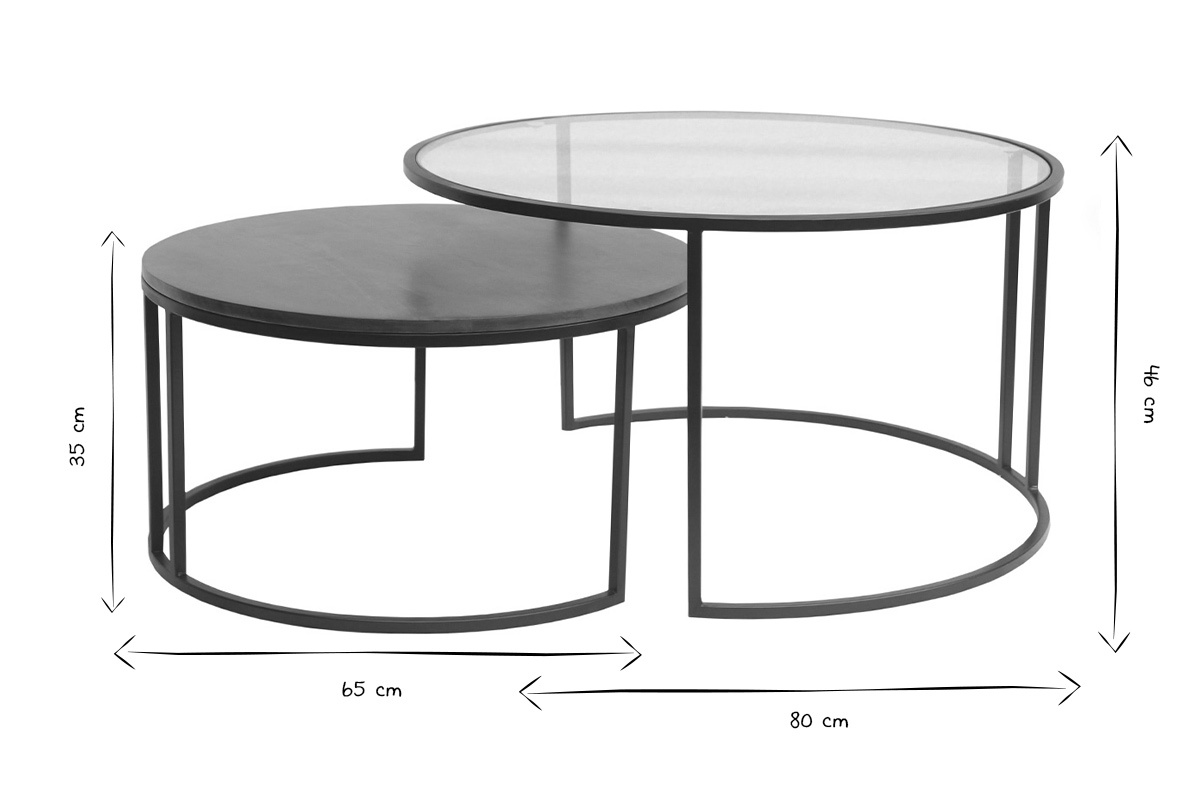 Dimensions des tables basses gigognes rondes en noir et blanc, 65 cm et 80 cm de diam�tre
