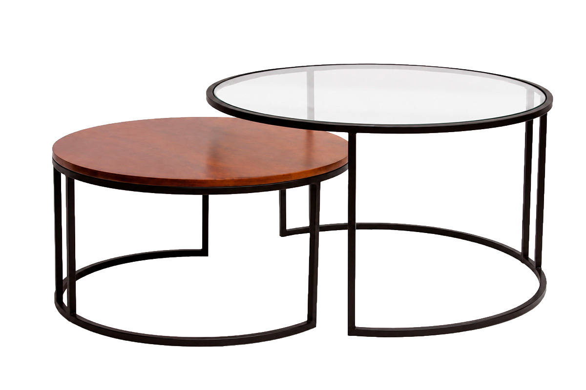 Tables basses gigognes rondes verre tremp�, bois manguier massif teint� et m�tal noir (lot de 2) TAHL