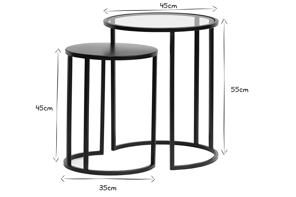 Tables d'appoint gigognes en verre tremp� et m�tal noir TAHL