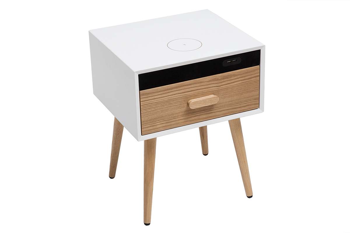 Tables de chevet connect�es multim�dia blanc mat et bois clair massif (lot de 2) PAVAN