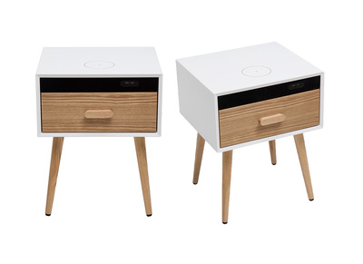 Tables de chevet connect&eacute;es multim&eacute;dia blanc mat et bois clair massif (lot de 2) PAVAN