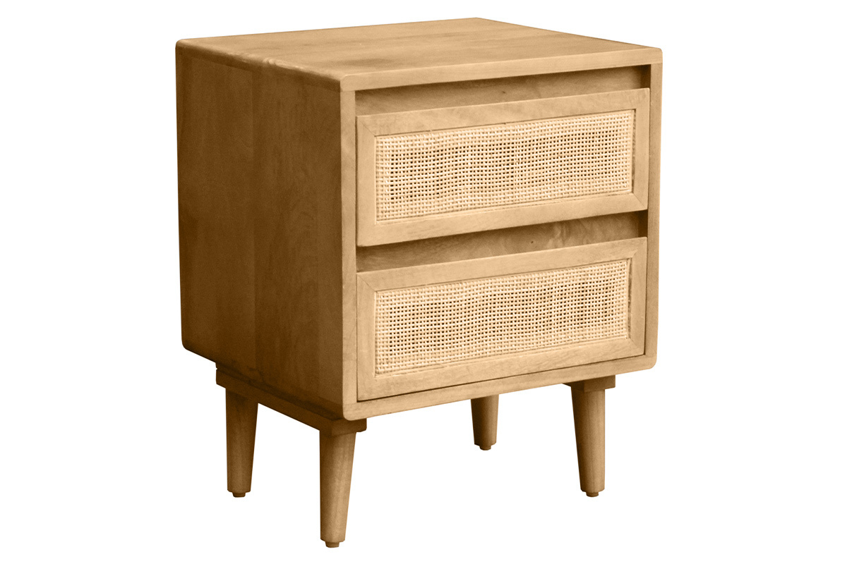 Table de chevet en bois manguier avec tiroirs en cannage rotin, vue de 3/4