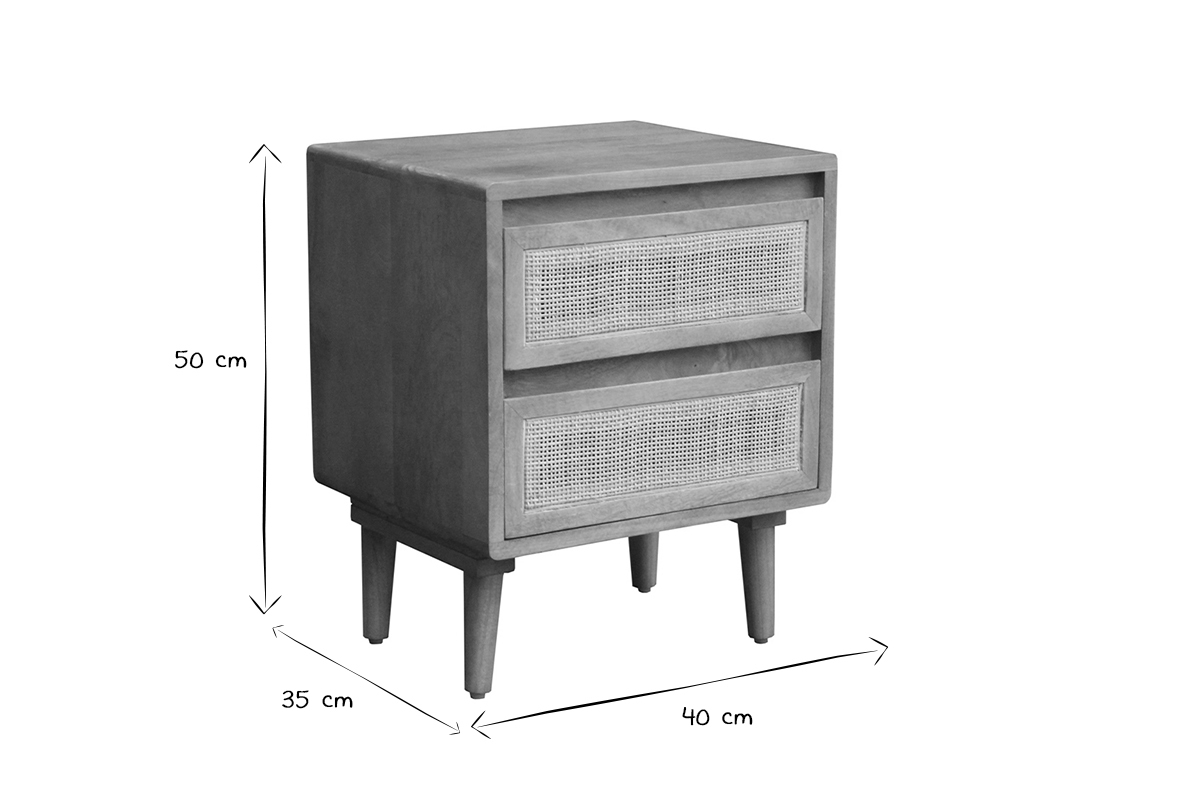 Dimensions des tables de chevet : L40 x P35 x H50 cm, en noir et blanc.