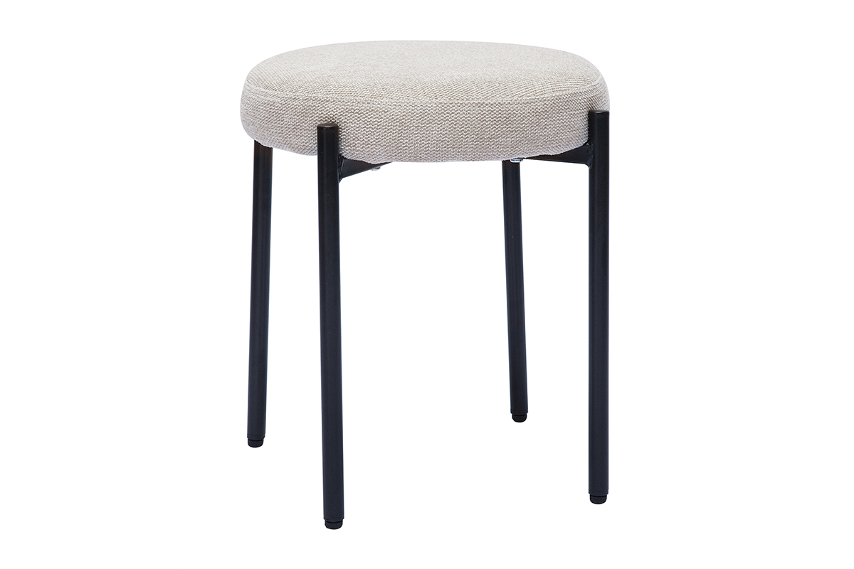Tabouret bas empilable en tissu effet velours textur� beige et m�tal noir H41 cm KIKO