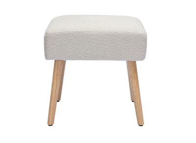 Tabouret bas en tissu effet laine boucl&eacute;e blanc et bois clair massif H46 cm GUESTA