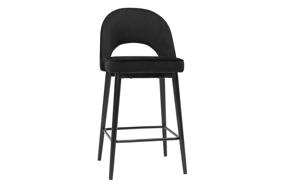Tabouret de bar en velours noir et m�tal BELLEROSE, vue de 3/4.