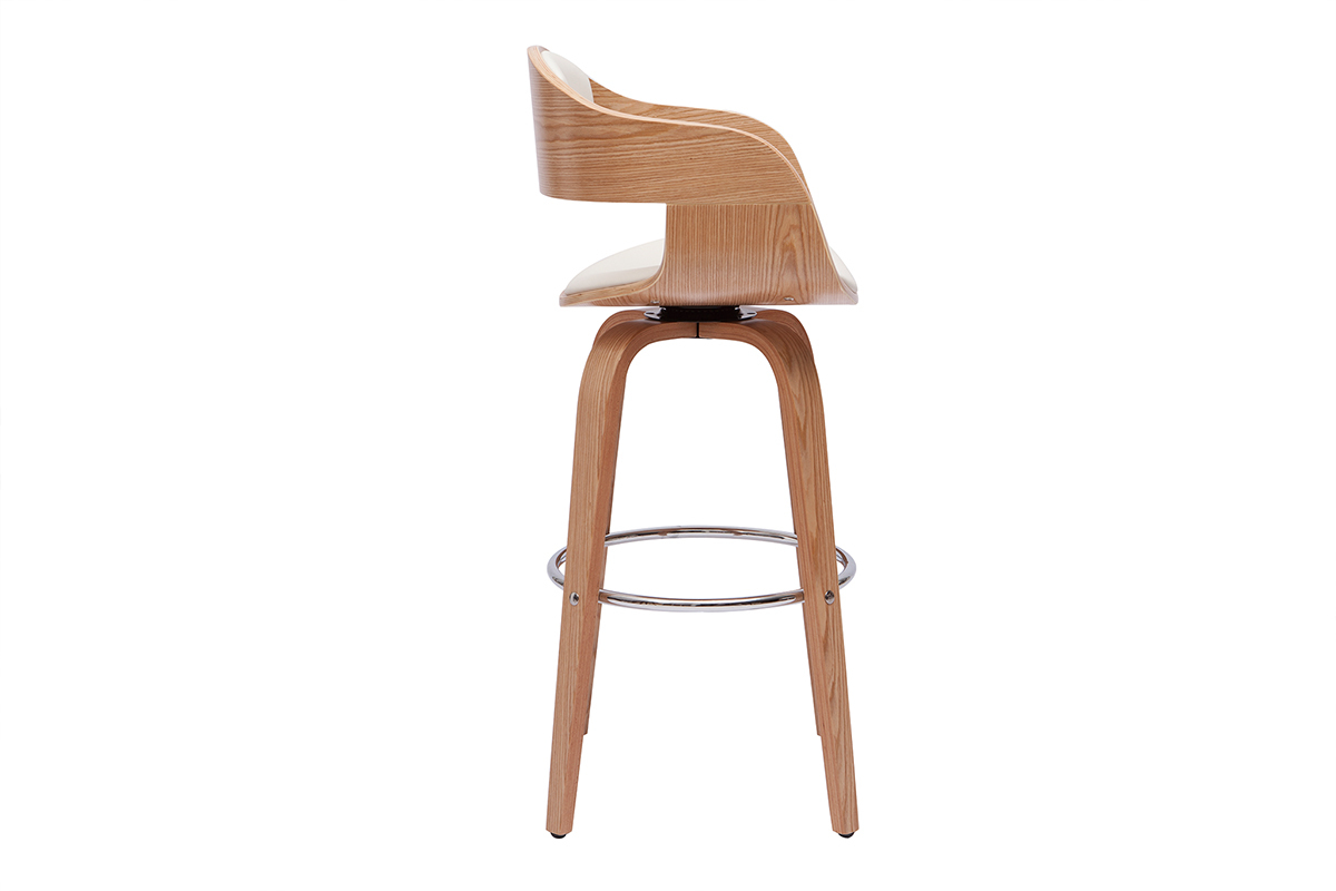 Tabouret de bar pivotant en bois clair vu de profil avec repose-pieds chrom�.