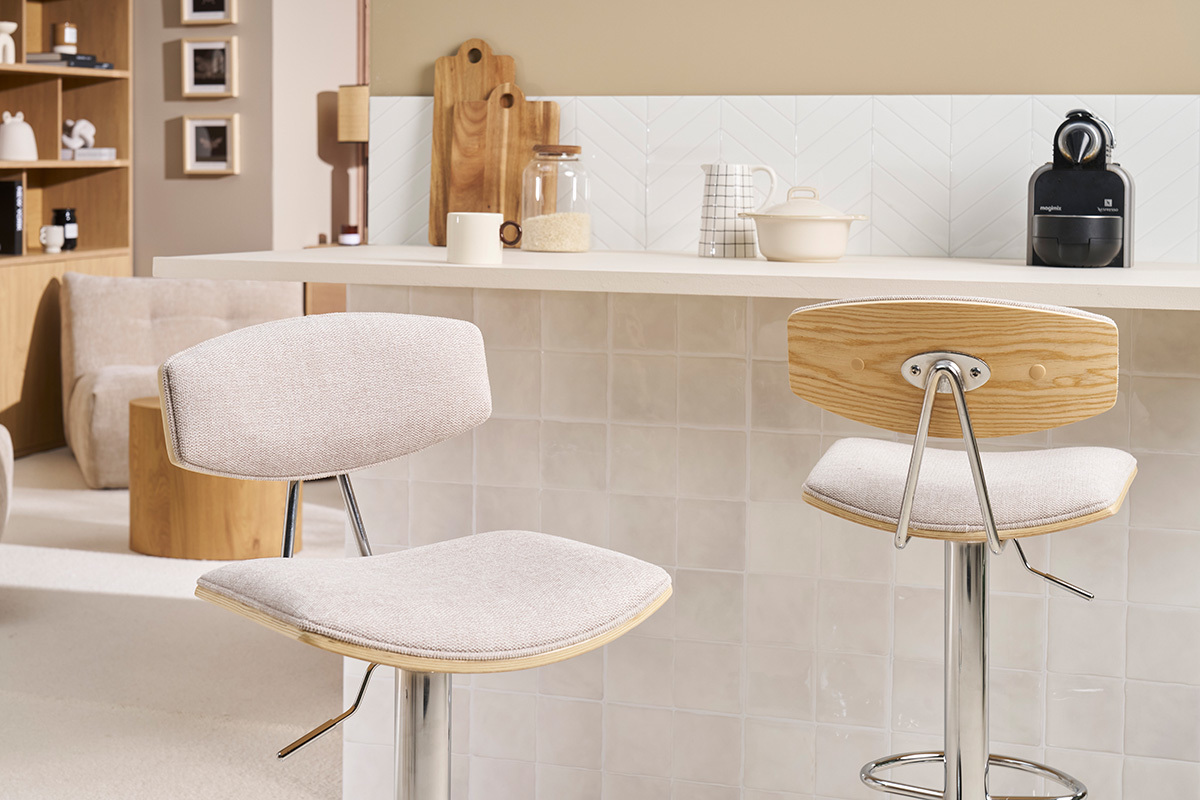 Tabouret de bar design r�glable en tissu effet velours textur� beige et m�tal VASCO