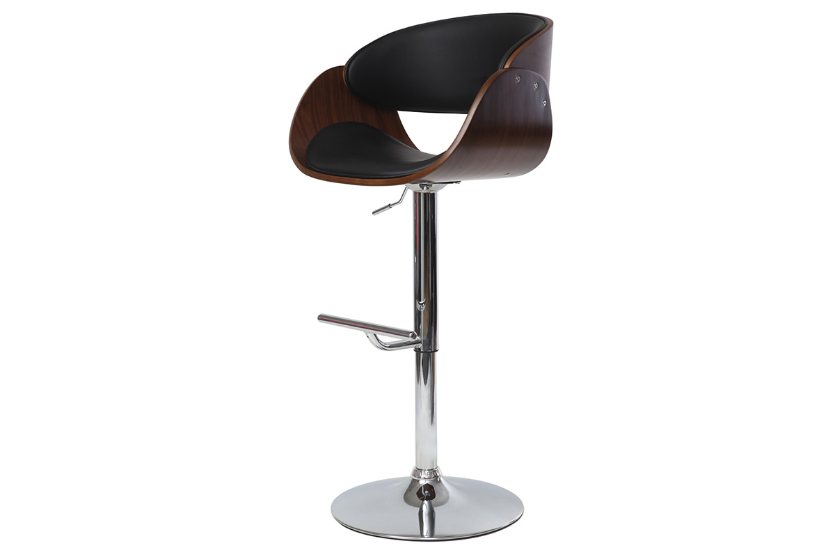 Tabouret de bar design r�glable noir et bois fonc�, vue de 3/4 avec assise en polyur�thane.