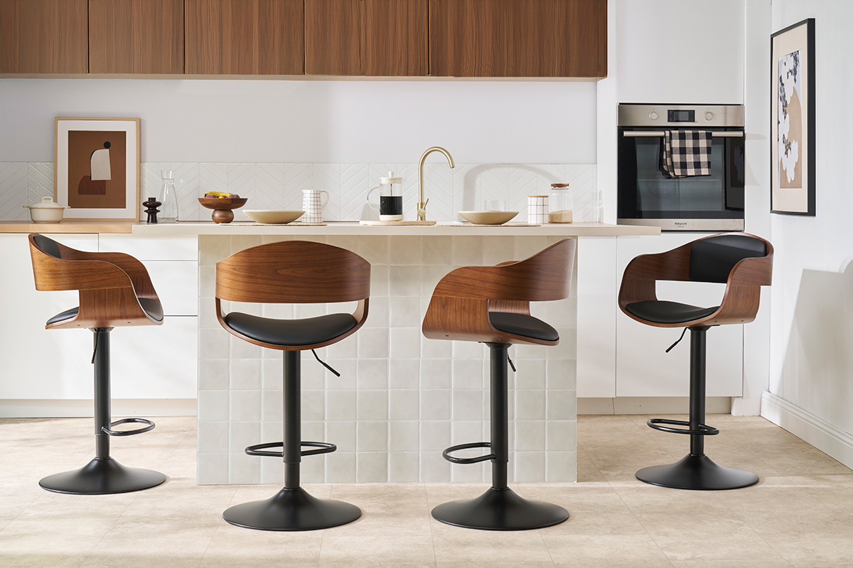 Tabouret de bar design r�glable noir et bois fonc� EUSTACHE
