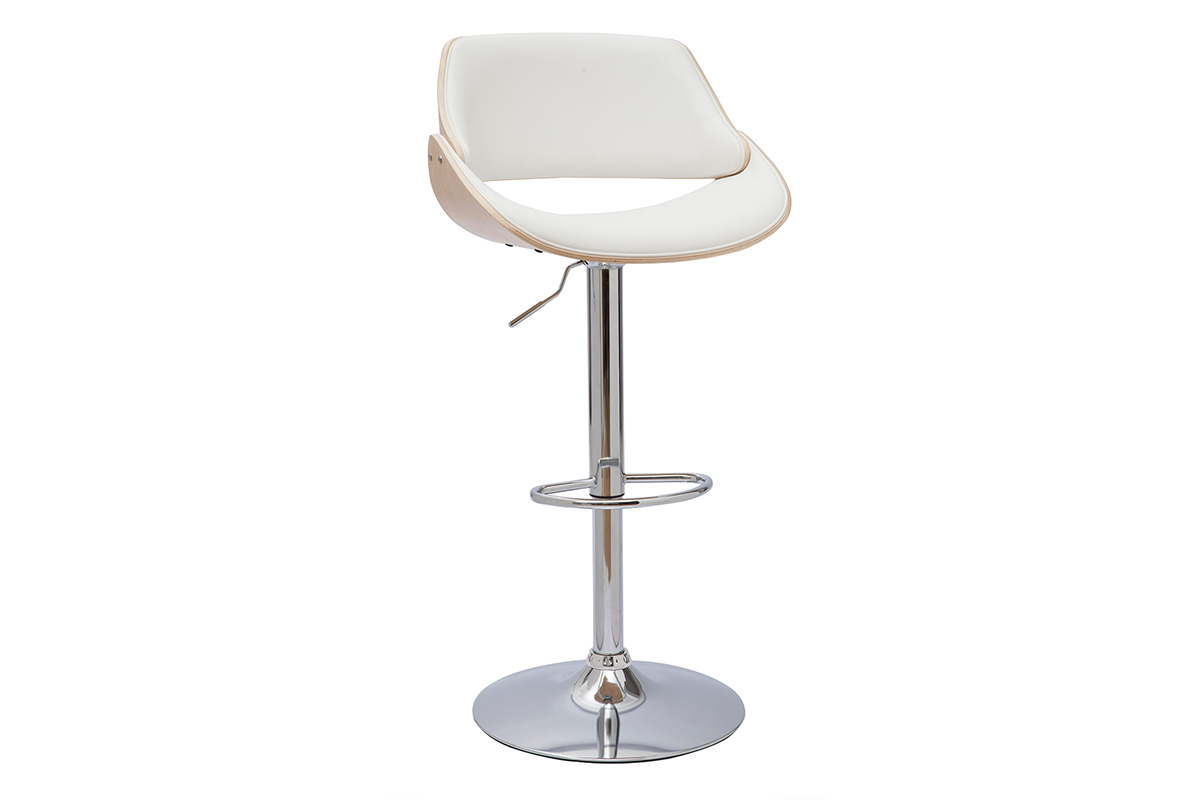 Tabouret de bar blanc et bois clair, vue de 3/4, base en m�tal chrom�.