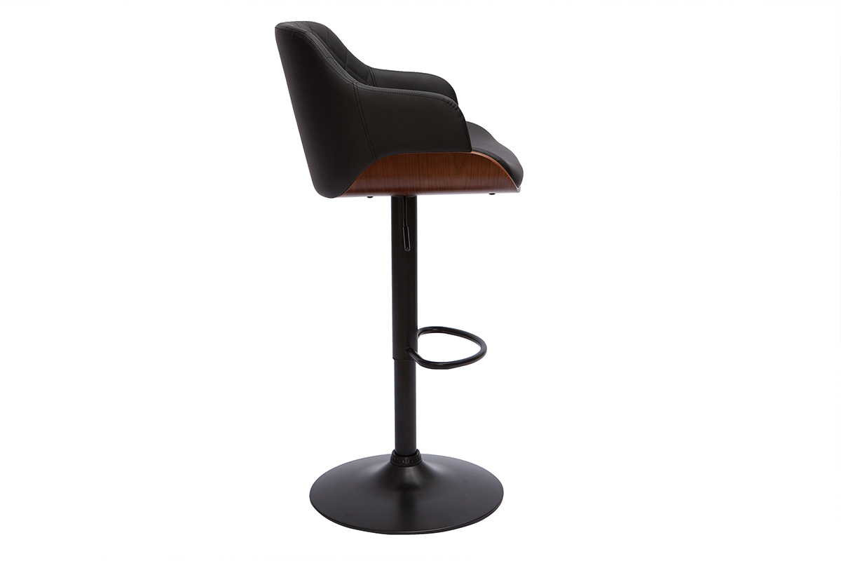 Tabouret de bar design r�glable pivotant 360� noir et bois fonc�, vue de c�t�.