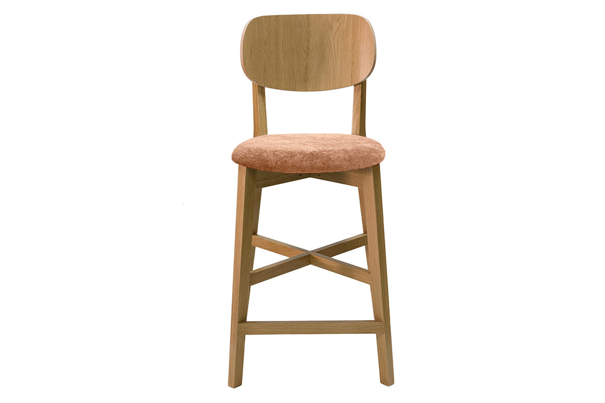 Tabouret de bar en bois clair ch�ne et tissu effet velours terre br�l�e H65 cm LUCIA