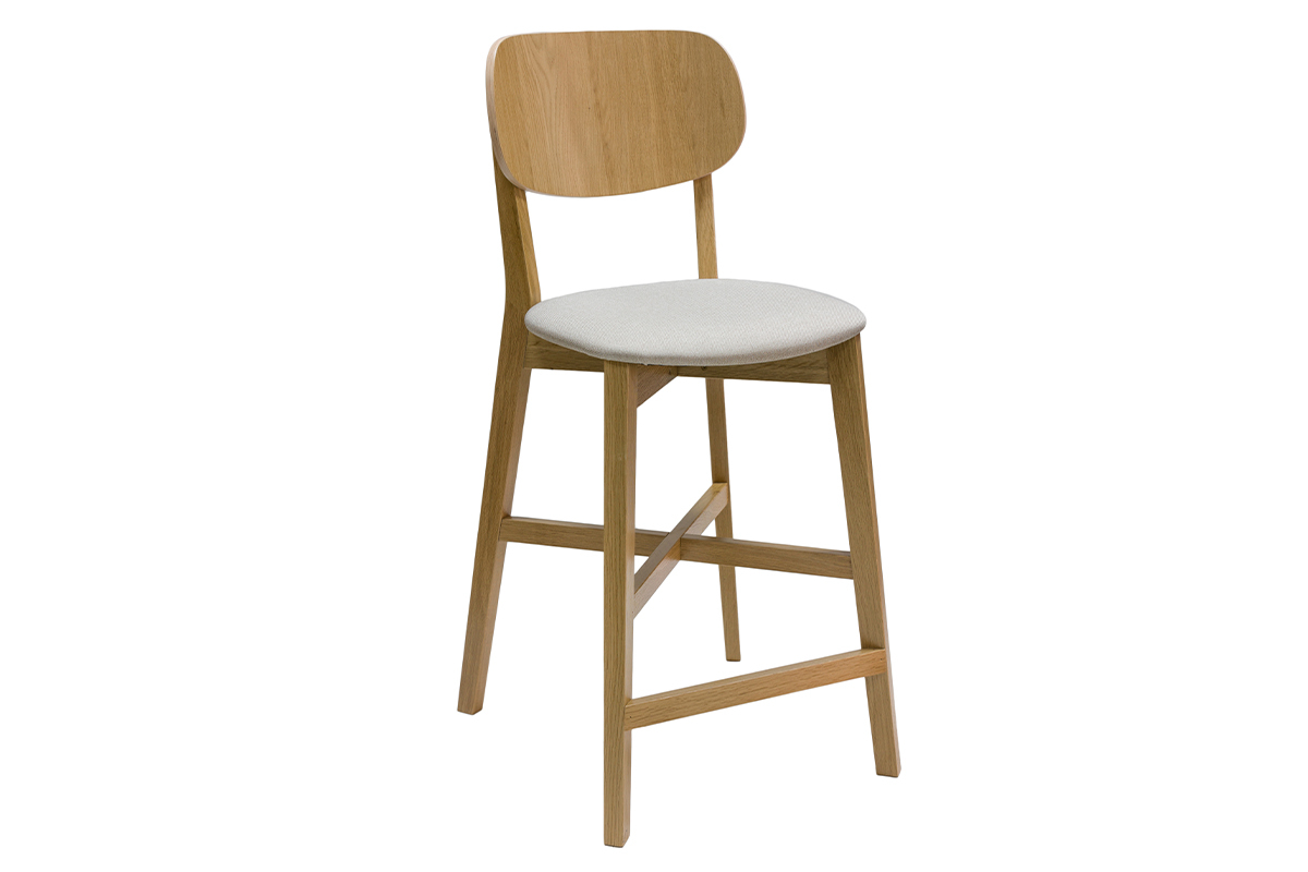 Tabouret de bar en bois clair ch�ne massif et tissu beige H65 cm LUCIA