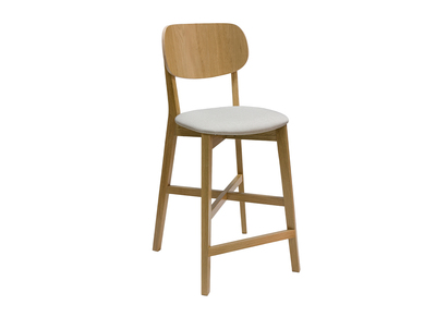 Tabouret de bar en bois clair ch&ecirc;ne massif et tissu beige H65 cm LUCIA