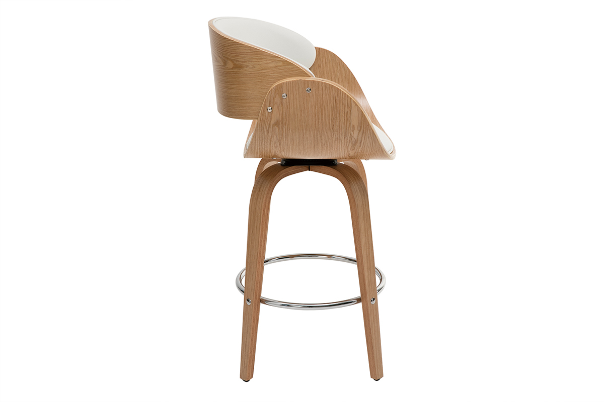 Tabouret de bar BENT blanc et bois clair, vue de profil.