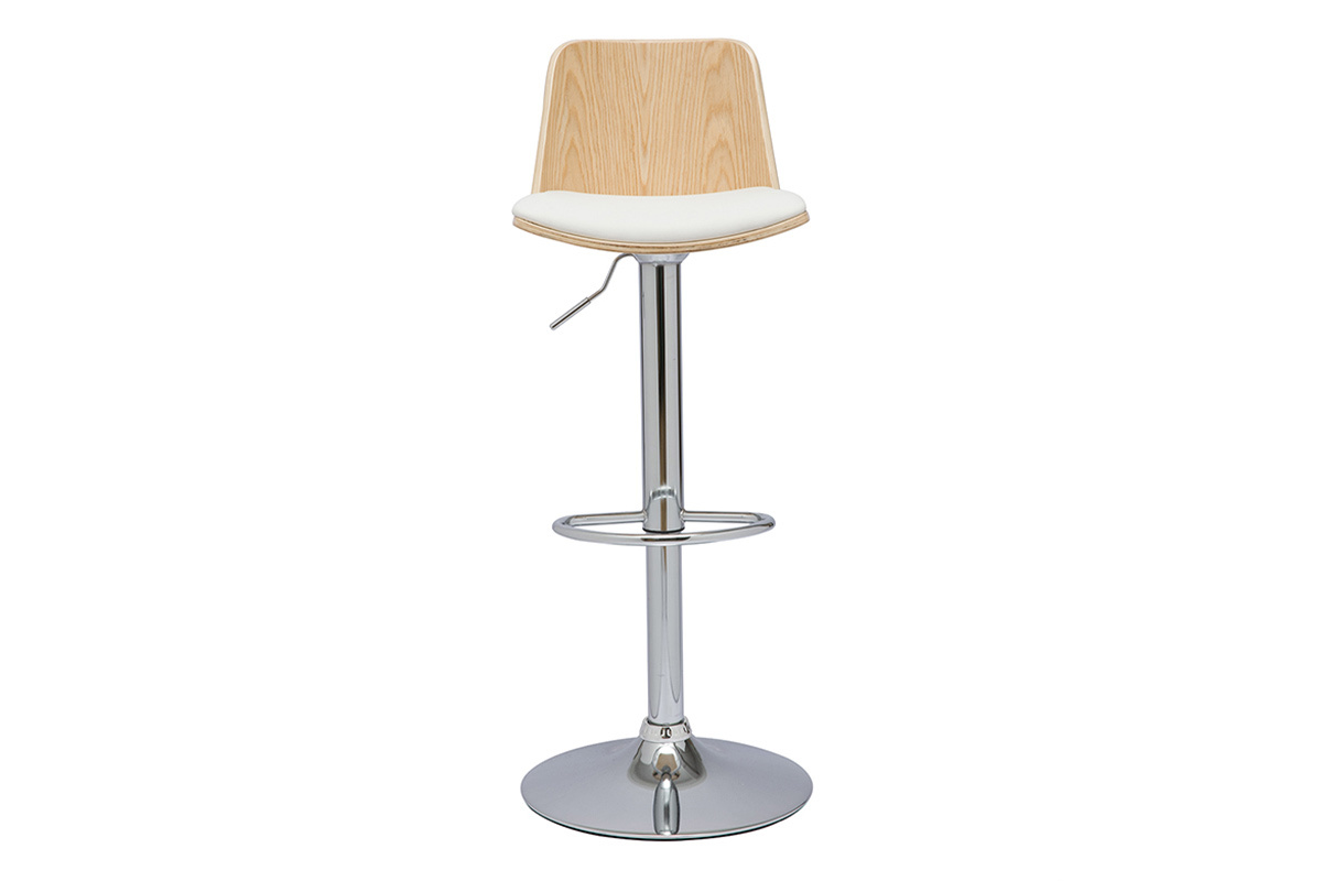 Tabouret de bar r�glable blanc, bois clair et pied chrom� DOA
