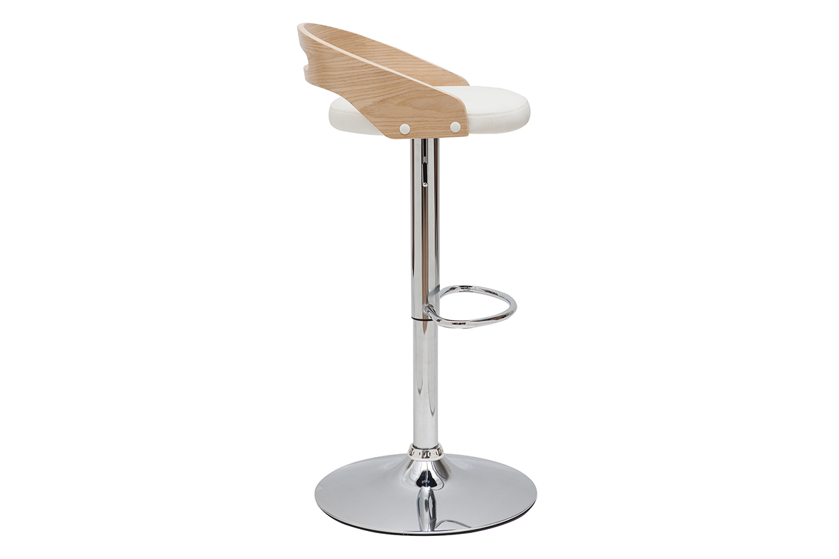 Tabouret de bar r�glable design blanc et bois clair MANO
