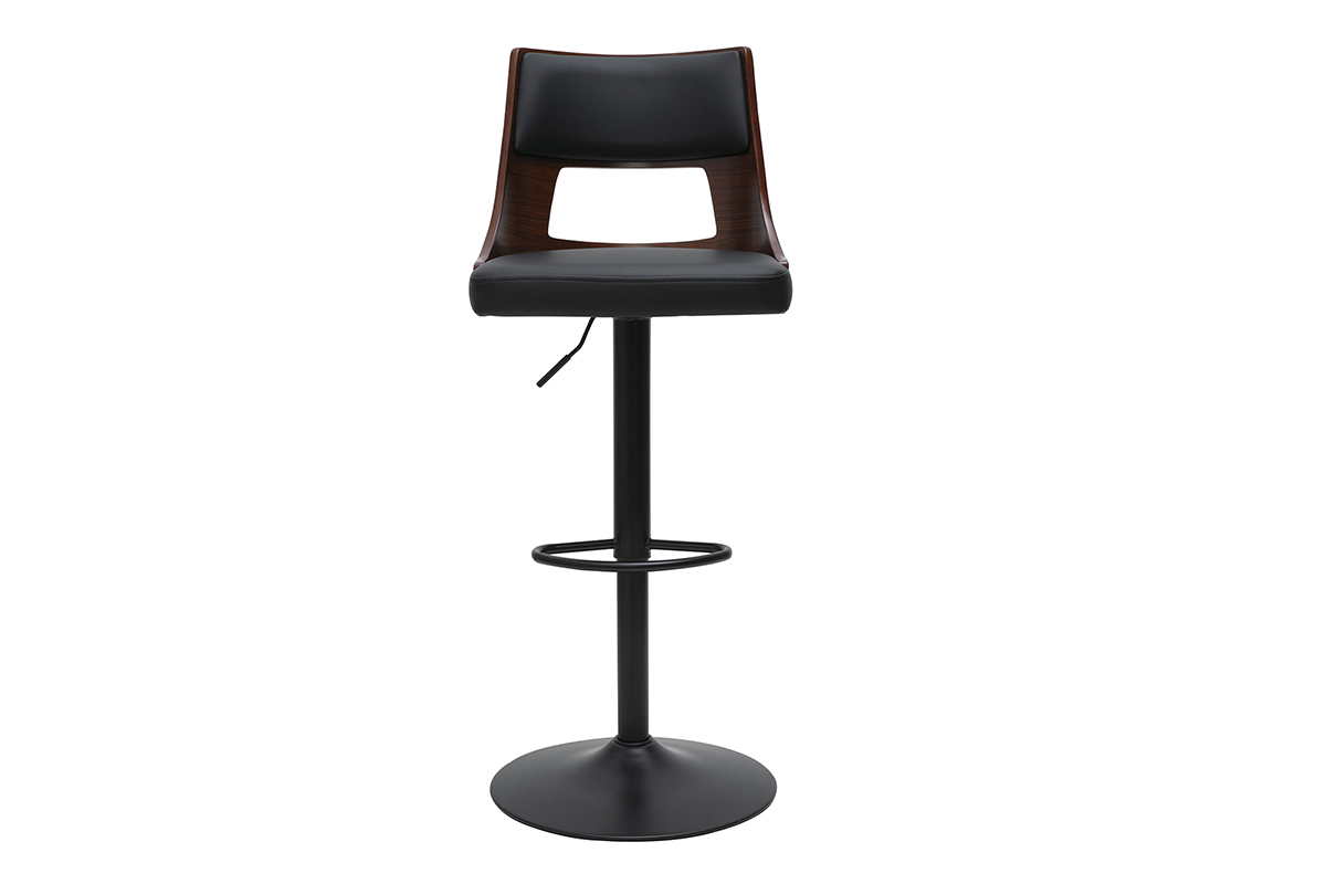 Tabouret de bar noir et bois fonc� avec assise pivotante et base ronde, vue de face.