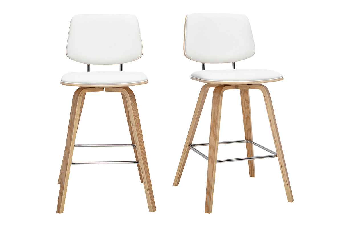 Lot de 2 tabourets de bar blancs et bois clair, vue de face.