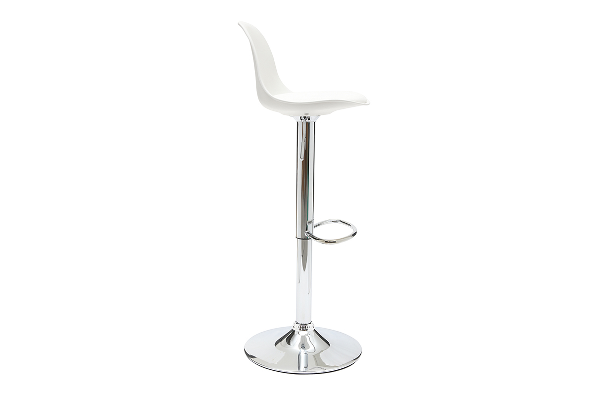 Tabouret de bar blanc avec pi�tement chrom�, vue de profil.