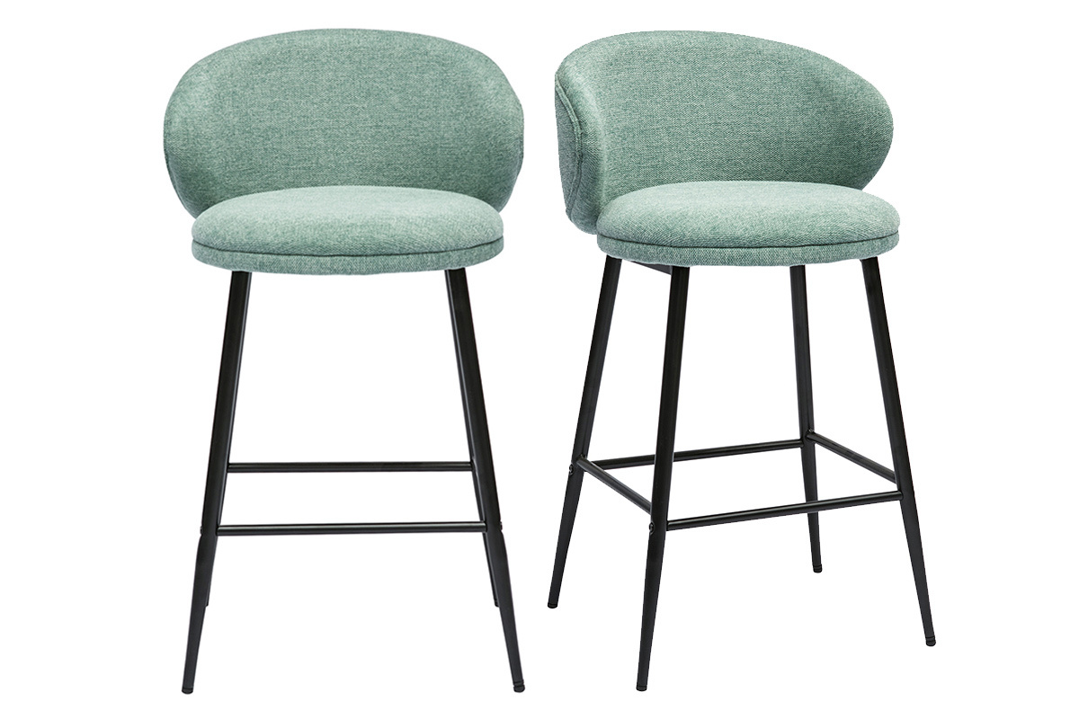 Tabourets de bar design en tissu effet velours textur� vert c�ladon et m�tal noir (lot de 2) ROSALIE