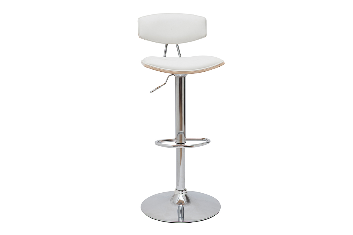 Tabouret de bar blanc et bois clair VASCO, vue de 3/4.