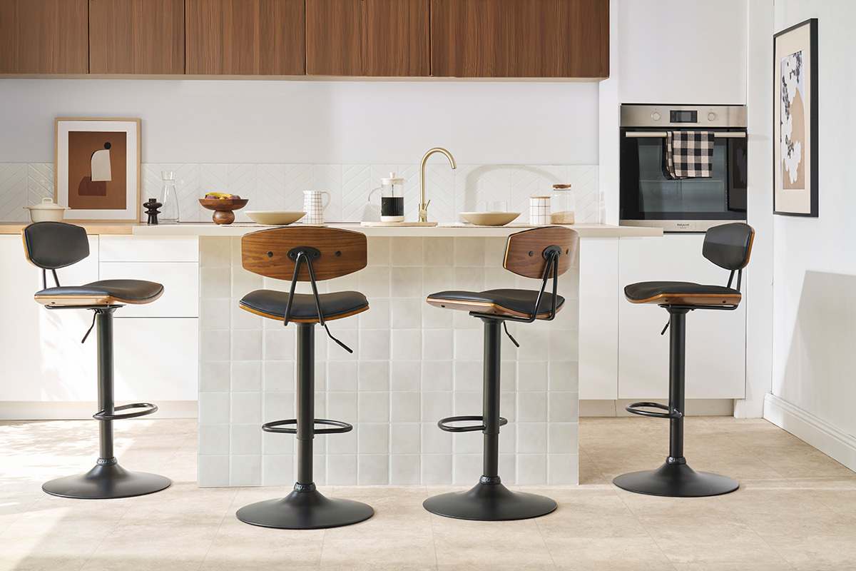 Tabourets de bar design r�glables noir et bois fonc� (lot de 2) VASCO