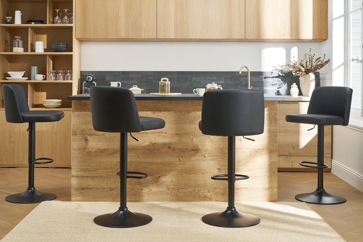 Tabourets de bar design r�glables noirs et m�tal noir (lot de 2) MONTI