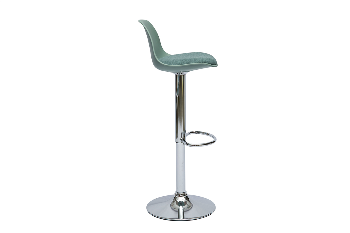 Tabouret de bar vert de gris STEEVY, vue de profil, avec pi�tement chrom� et repose-pied.