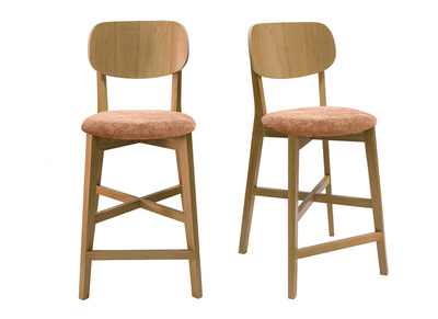 Tabourets de bar en bois clair ch&ecirc;ne et tissu effet velours terre br&ucirc;l&eacute;e H65 cm (lot de 2) LUCIA